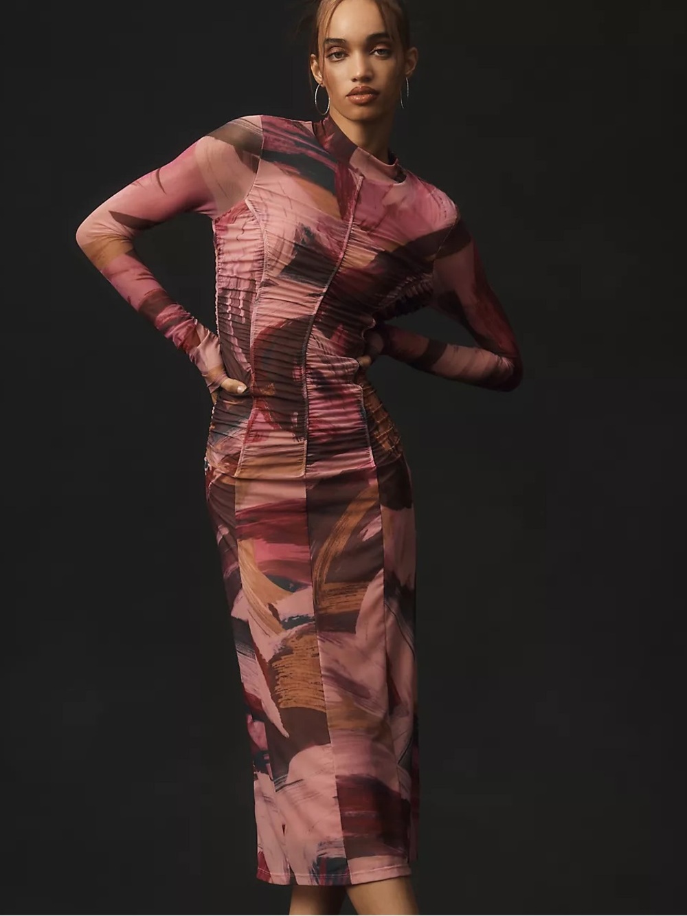 Anthropologie Long Sleeve Printed Mesh Midi Dress Pink Brown Ruched Size XS